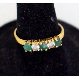 Size 7, Vintage Green & Colorless Rhinestones Gold Plated Dainty Ring - A23